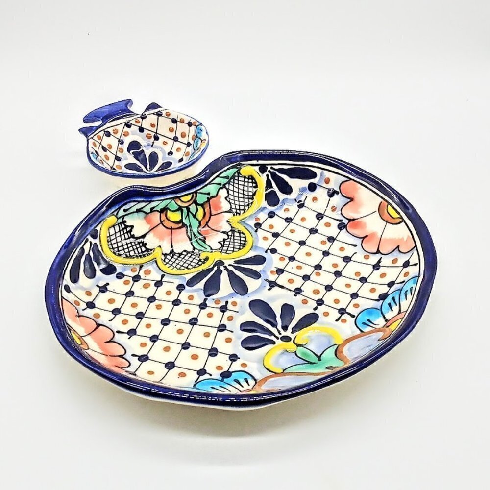 Mexican Talavera Hand-Painted Ceramic Snack Bowl & Tray